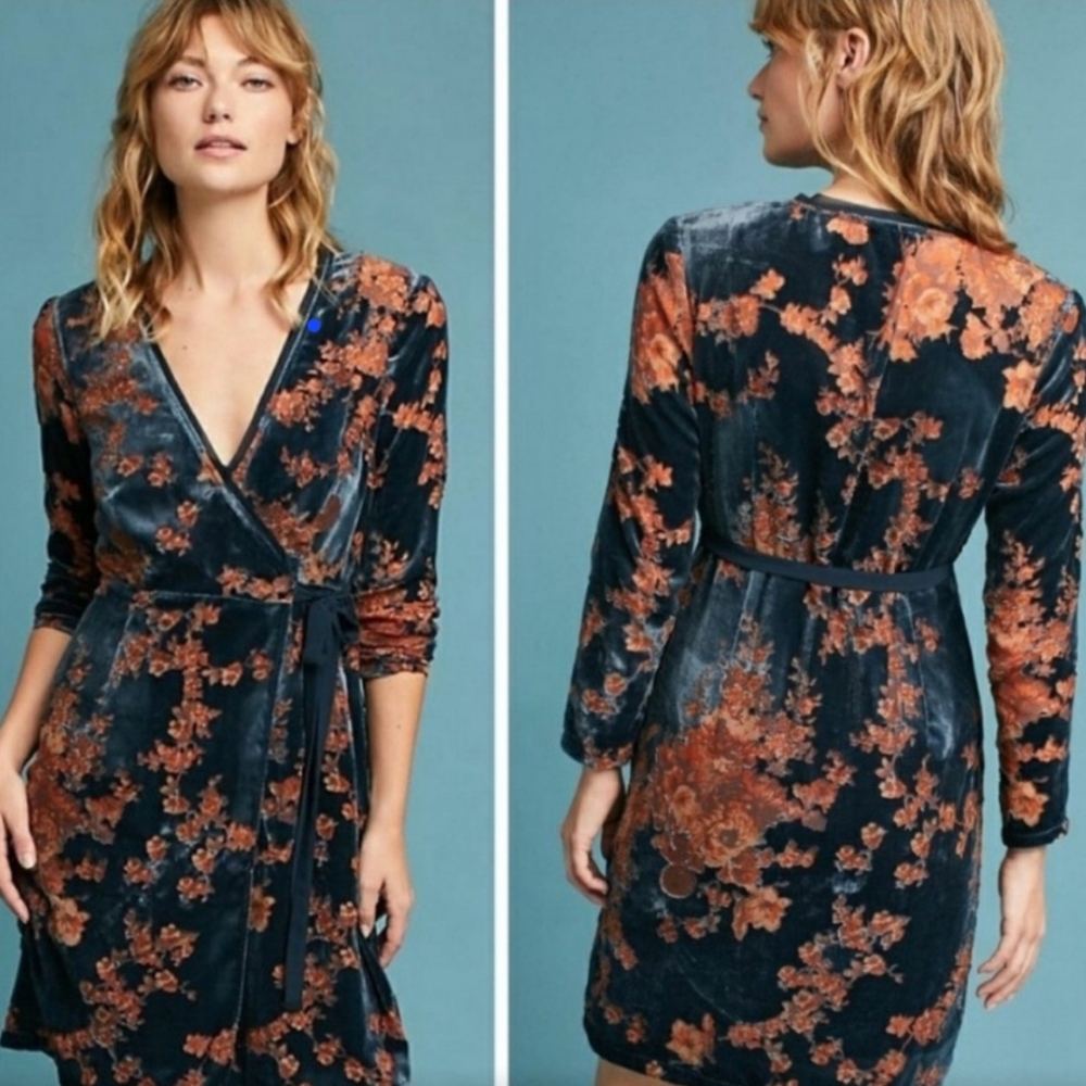 Anthropologie Velvet Burnout With Sheer Flowers Wrap Dress Womens Size Medium